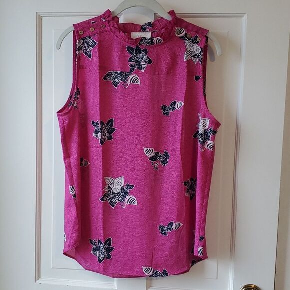 NWT LOFT PINK BLUE WHITE SLEEVELESS RUFFLE NECK TOP SIZE MEDIUM FLORAL OFFICE - Picture 1 of 8
